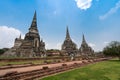 Three ancient pagodas chedies ruins of old Siam capital Ayutthaya at Wat Phra Si Sanphet temple Royalty Free Stock Photo