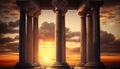 Three ancient pillars with sunset sky background. Generative AI Royalty Free Stock Photo