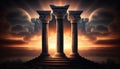 Three ancient pillars with sunset sky background. Generative AI Royalty Free Stock Photo