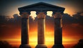 Three ancient pillars with sunset sky background. Generative AI Royalty Free Stock Photo