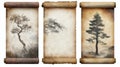 Three ancient scrolls with hand-drawn illustrations of trees, isolated on white background Royalty Free Stock Photo