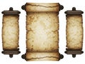 Three ancient scrolls isolated on white background Royalty Free Stock Photo