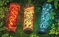 Three ancient scrolls with mystical designs resting on a lush forest floor surrounded by vibrant foliage at