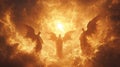 Three angels with large wings stand in fiery, golden clouds Royalty Free Stock Photo
