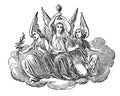 Three Angels Sitting on Cloud in Heaven. Bible, New testament. Vintage Antique Drawing