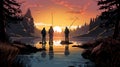 Three Anglers Silhouetted Against a Serene Sunset by the Lake Royalty Free Stock Photo