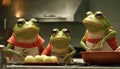 Anthropomorphic frogs cooking in a kitchen