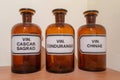 Three antique empty bottles for homopatic natural medicine with the academic name on the label: VIN. Cascar Sagrad, VIN. Condurang