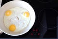 Three appetizing fried eggs in pan