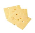 Three appetizing pieces of cheese on a white isolated background. View from above. Royalty Free Stock Photo