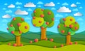 Three apple trees in the field scenic nature landscape cartoon m