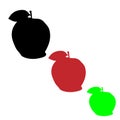 Three apples. Black, green and red.