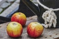 Three apples decoratively lying on a wooden bench