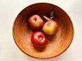 Three apples in a grained wooden bowl. Red and green apples. Royalty Free Stock Photo