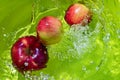 Three apples on a green background in the waves with spatter of water