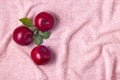 Three apples with green leaves on fur pink towel copy space Royalty Free Stock Photo