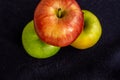 Three apples, one green and two red and yellow on a dark background Royalty Free Stock Photo