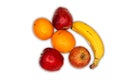 Three apples,two oranges and bananas. View from above on white background.