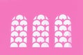 Three arched windows with pattern. Pink and white colors Royalty Free Stock Photo