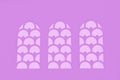 Three arched windows with pattern. Violet and pale pink colors Royalty Free Stock Photo