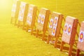 Three archery targets in a row in a grass field on a sunny day Royalty Free Stock Photo