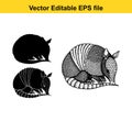 Three armadillos in different poses, one detailed and two silhouettes Royalty Free Stock Photo