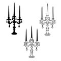 Three armed candelabrum or candle holder. Vector Silhouette of antique candlestick is isolated on white background