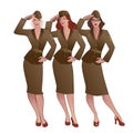 Three army girls in retro style wearing soldiers uniform from the 40s or 50s