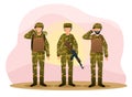 Three army men are standing in camouflage combat uniform saluting