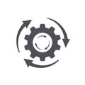 Three arrows around gear wheel sign. Flat cog vector icon of workflow procedure. Business industrial illustration