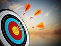 Three arrows hit at the center of the target. 3D illustration Royalty Free Stock Photo
