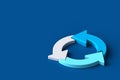 Three arrows update symbol, 3d Rotate circle symbol, 3d refresh icon on blue background. 3d rendering