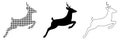 Three artistic renditions of a jumping deer, showcasing pixel, solid silhouette, and outline styles Royalty Free Stock Photo