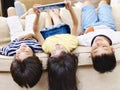 Three asian children using digital tablet together