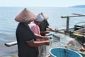 Three women collecting fishes from the net in the ocean