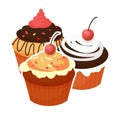 Three assorted cupcakes with cherries on top. Delicious bakery sweets with frosting and sprinkles vector illustration Royalty Free Stock Photo