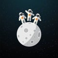 Three astronauts are on the Moon surface. Flat space illustration with moon and astonauts landing on satellite surface