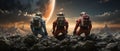 Three astronauts wearing space suits walk standing surface. Generative Ai Illustration