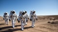 Three astronauts in white spacesuits walking in the desert. AI generative image