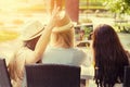 Three attractive hipster girls taking a selfie with digital tablet Royalty Free Stock Photo