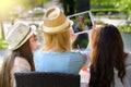 Three attractive hipster girls taking a selfie with digital tablet Royalty Free Stock Photo