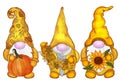 Three autumn fairy gnomes. Hand drawn watercolor illustration