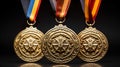 Three award medals, champion with ribbon, colored, gold, silver, brown, white background , Generate AI