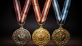 Three award medals, champion with ribbon, colored, gold, silver, brown, white background , Generate AI