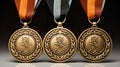 Three award medals, champion with ribbon, colored, gold, silver, brown, white background , Generate AI