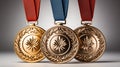 Three award medals, champion with ribbon, colored, gold, silver, brown, white background Generate AI