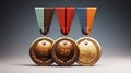 Three award medals, champion with ribbon, colored, gold, silver, brown, white background Generate AI