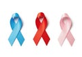 Three awareness ribbons in blue, red, and pink Royalty Free Stock Photo