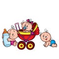 Three babies, one sitting in a stroller, the second holding a large bottle of milk in his hands, cartoon illustration, isolated