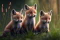 Three baby foxes sitting in grass